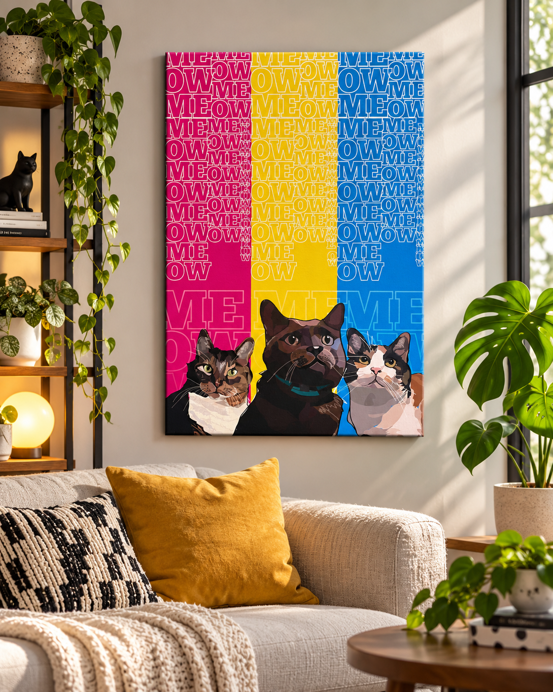 A colorful wall art piece featuring three illustrated cats against a background of repeating 'MEOW' text in pink, yellow, and blue. The room has a cozy modern decor with potted plants, a beige sofa with a yellow cushion, and natural sunlight coming through the window.