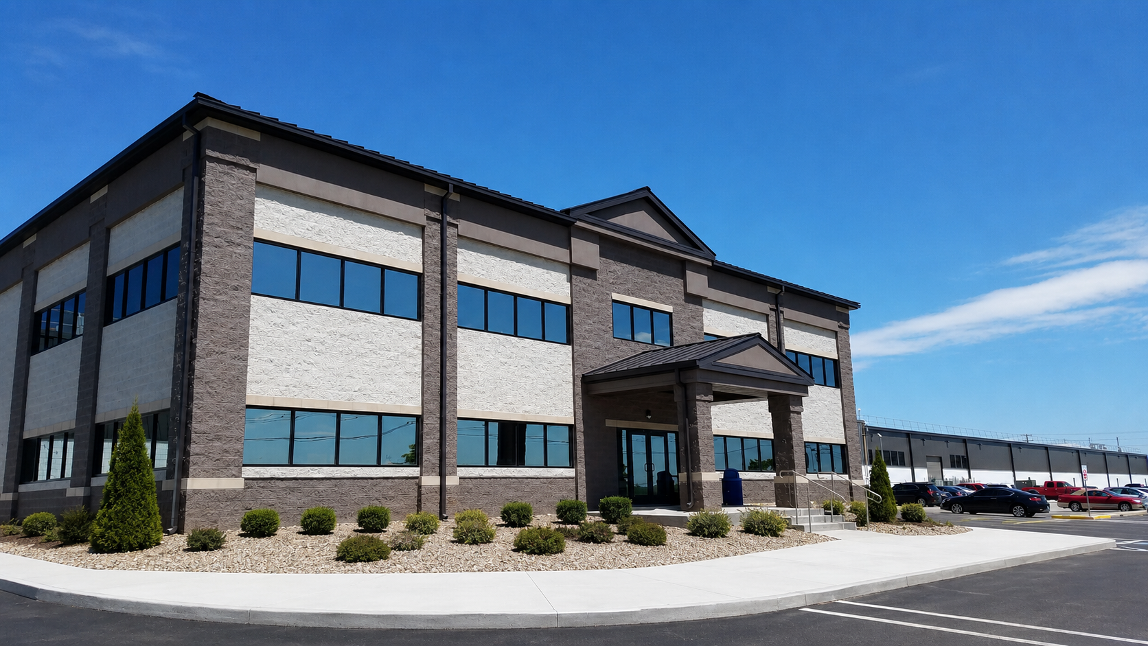 Modern three-story office building with large black-framed windows, surrounded by a parking lot and landscaped bushes, under a blue sky.