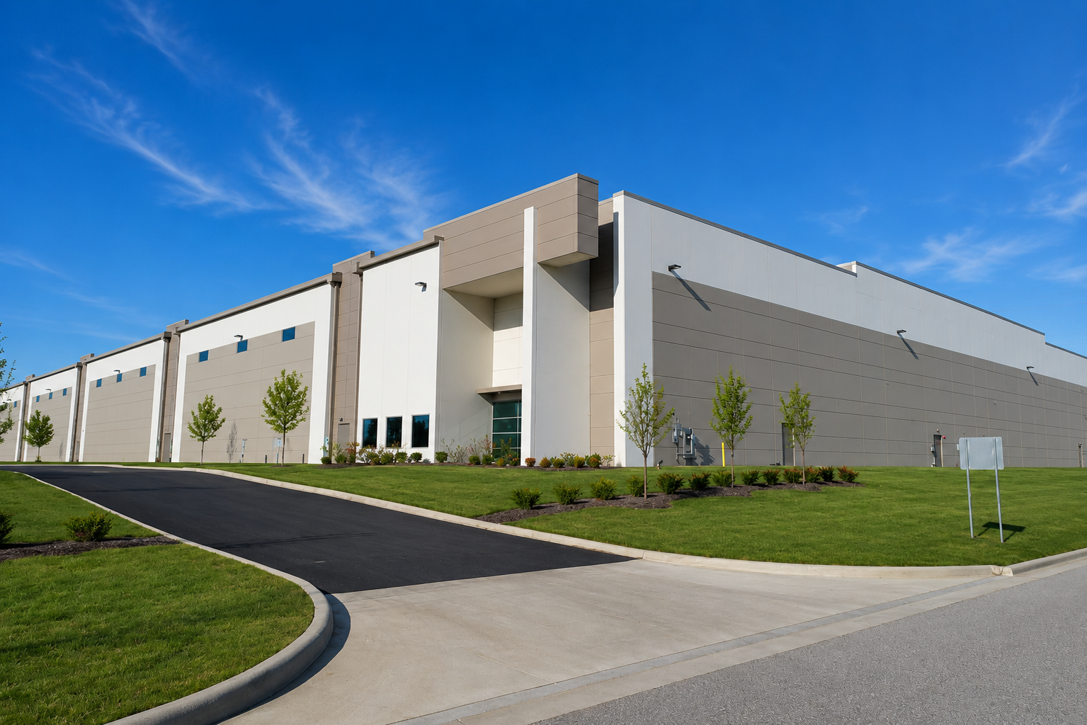 Modern, large industrial or warehouse building with a light-colored facade, surrounded by green turf and young trees, under a clear blue sky.