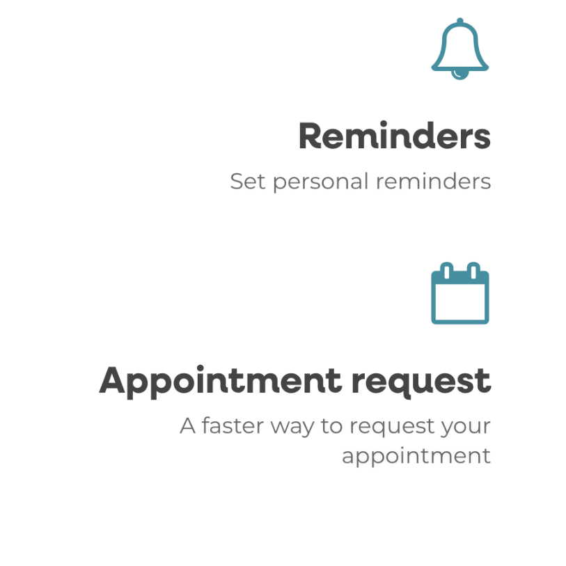 Icons of a bell and a calendar with text highlighting reminders, personal reminders, appointment requests, and requesting appointments.