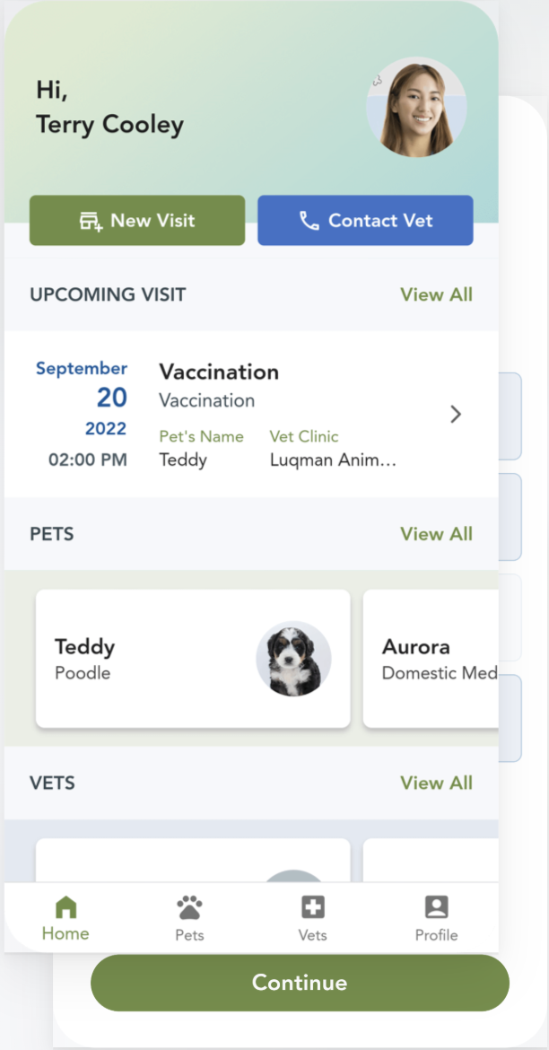 Veterinary app interface showing upcoming appointment for a dog named Teddy scheduled for September 20, 2022, at 2:00 PM, with options for a new visit or contacting the veterinarian, and profile picture of a woman named Terry Cooley.