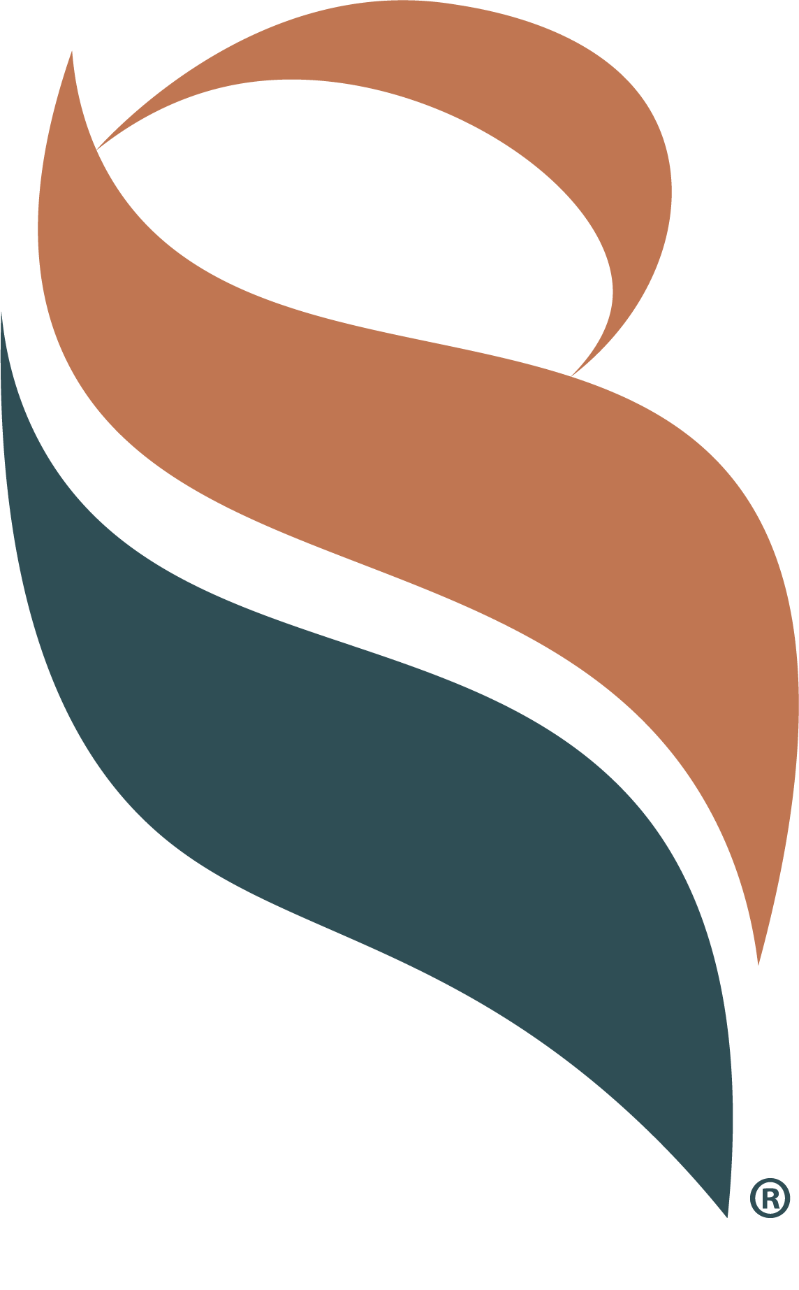 Abstract logo with flowing ribbon-like shapes in black, brown, teal, and beige colors