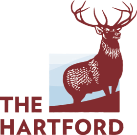 A logo featuring a red deer with large antlers standing on snow, with the text 'The Hartford' below the image.