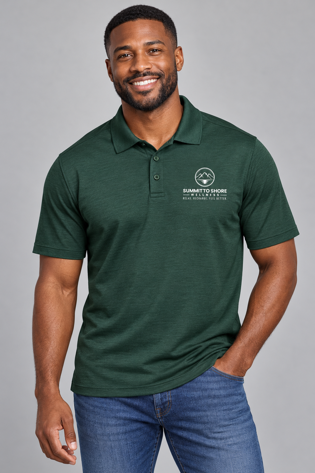 Smiling model in forest green performance polo-1.png