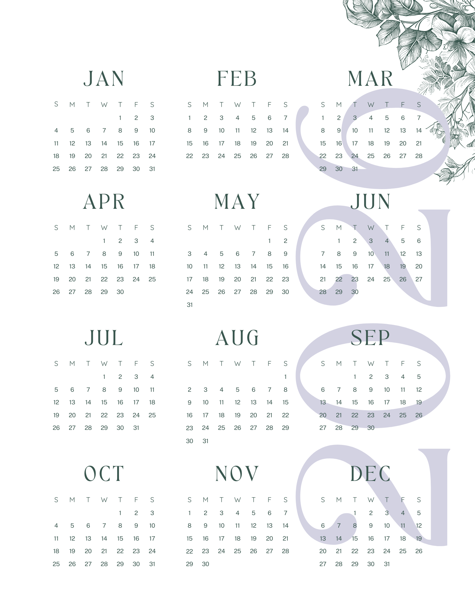 2026 Yearly Dates Overview Printable