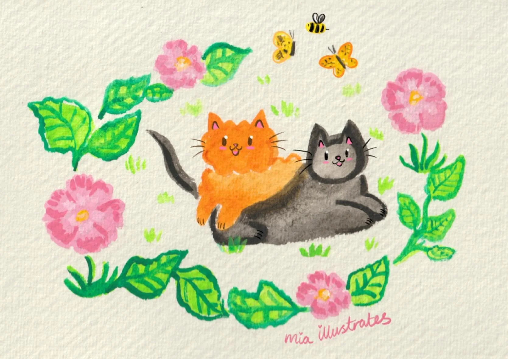 I got some really nice gouache paints for Christmas and decided to try them out 😌🌸💗🐈&zwj;⬛🐈 very nice! #carandachegen&egrave;ve #gouacheillustration