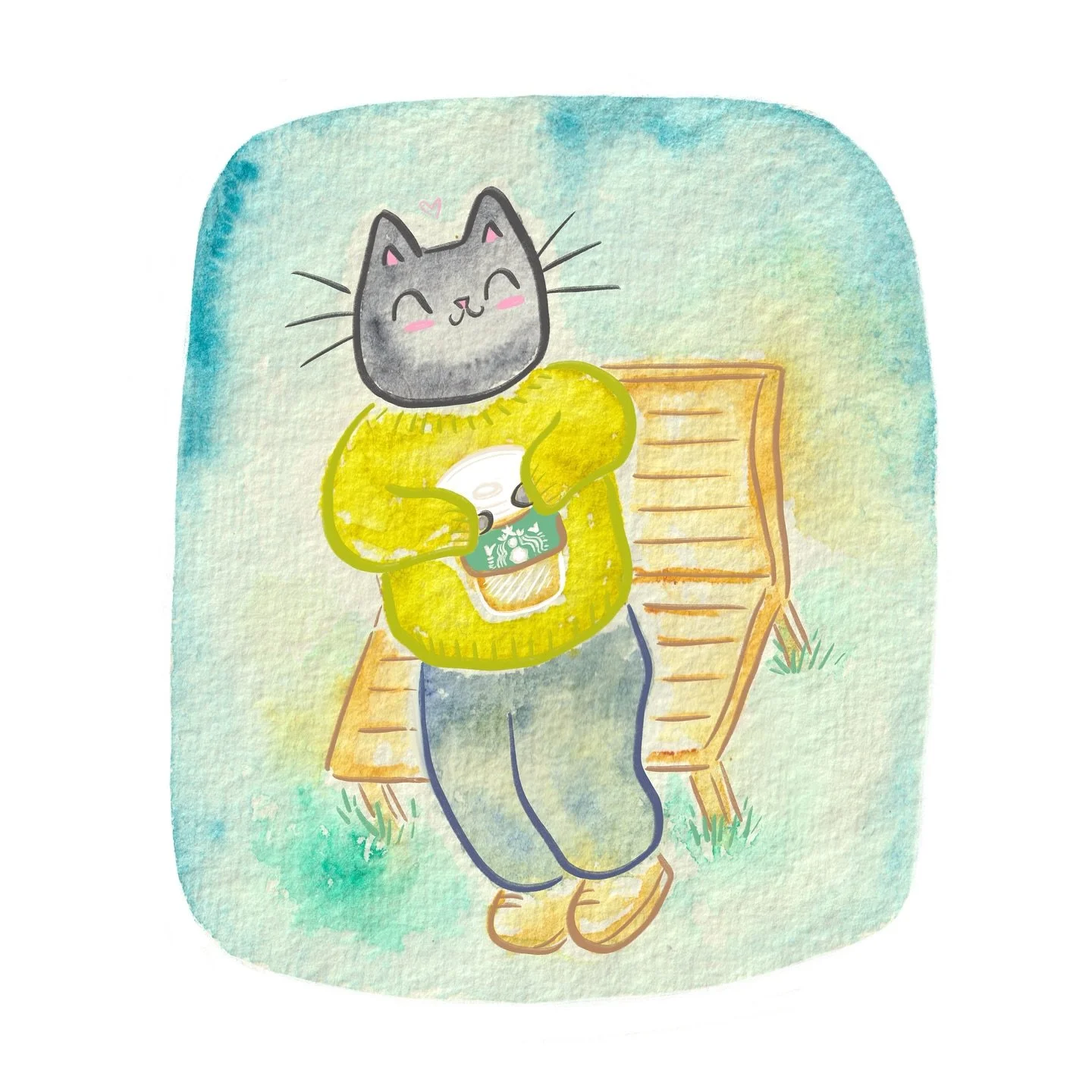 19. Starbucks ☕️ just a nice chilled out time hanging out on a bench in the crisp sun with my syrupy milky coffee 🌞 Cinder clearly got a free one and went large 😆 only go large when it&rsquo;s free amirighttttttt #cosyseptemberick 💗 ☺️ #artchallen