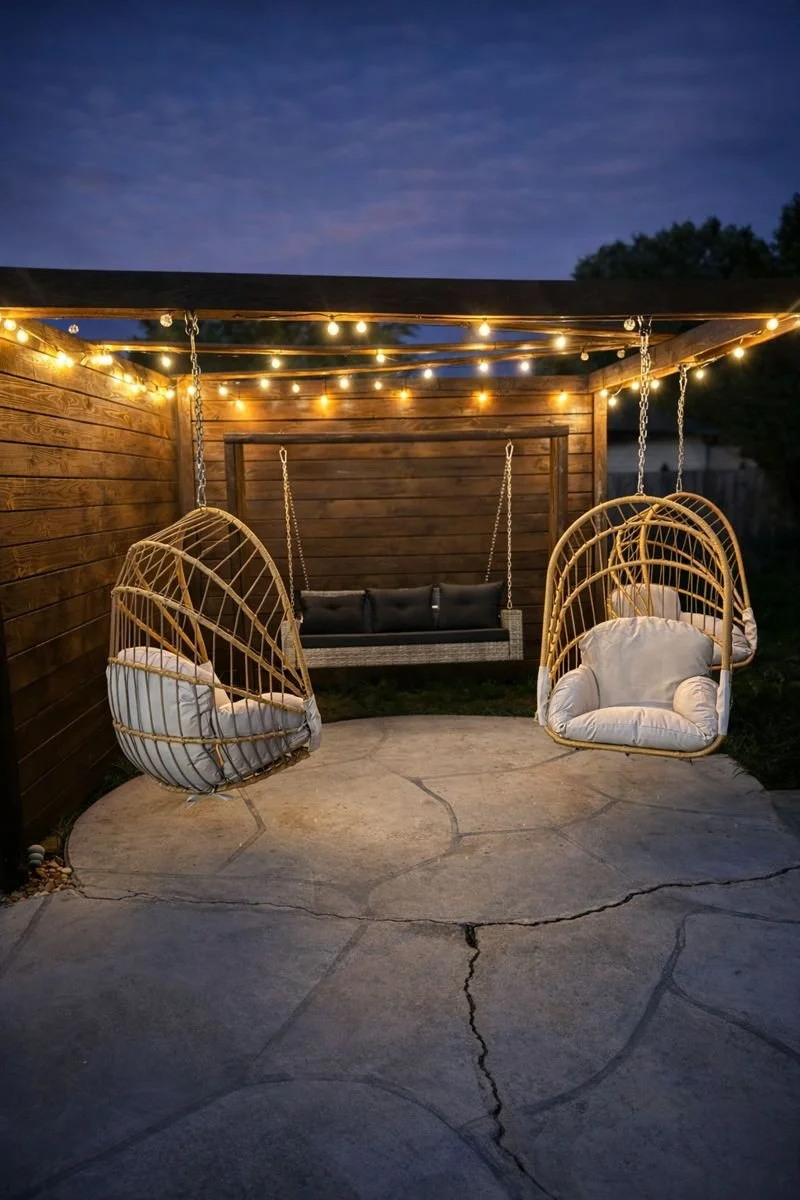 Outdoor patio at dusk with wooden privacy wall, string lights, hanging cushioned wicker chairs, and a hanging cushioned swing on a cracked concrete surface.