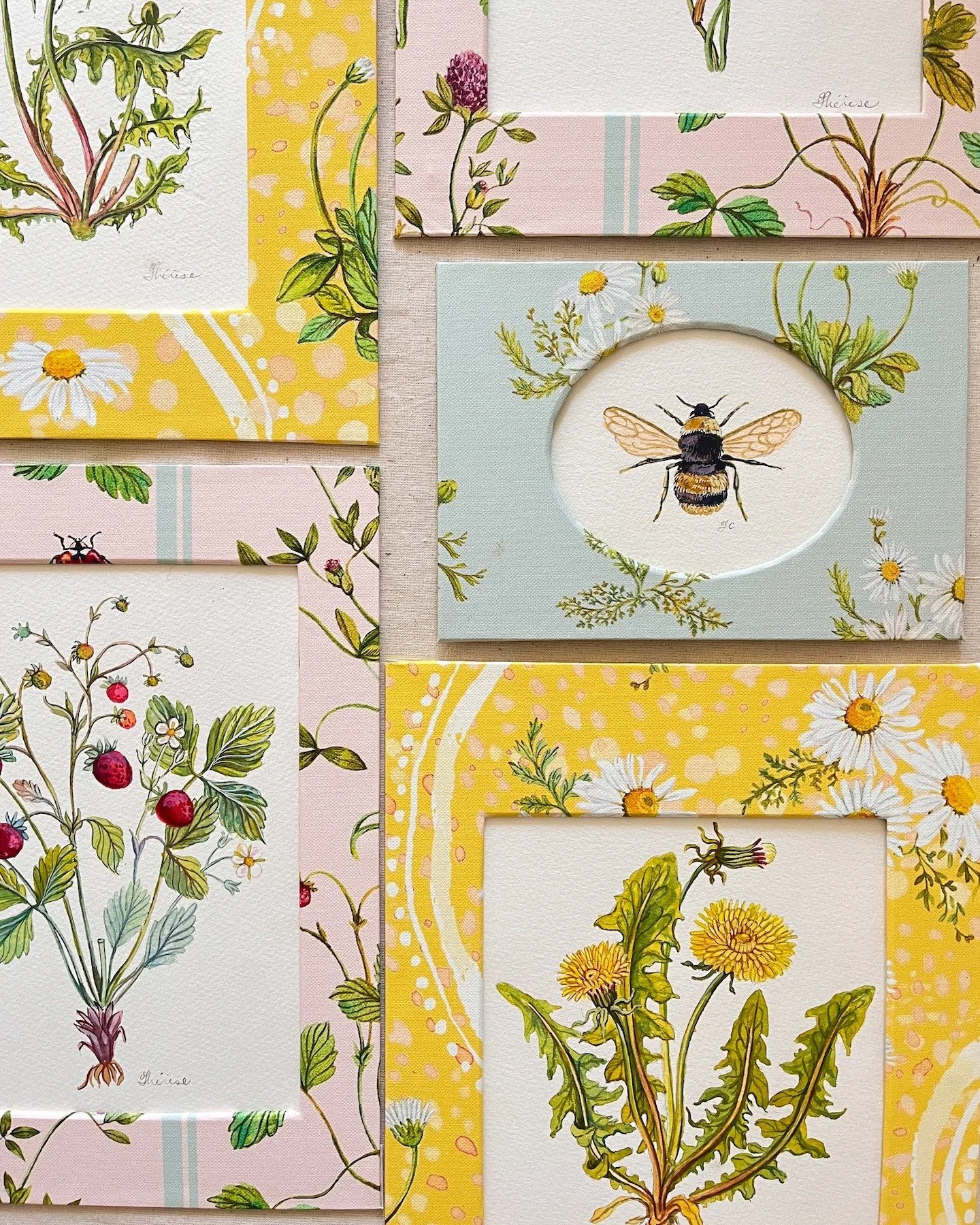 Long weekend sale 🐞⚡️🌞 🍓 ✨

In a sudden burst of ADHD activity, I wallpapered(from my own Strawberry Snail samples) the matts on these original watercolours from my Nostalgia collection, which was half sold and the remaining needed a little extra 