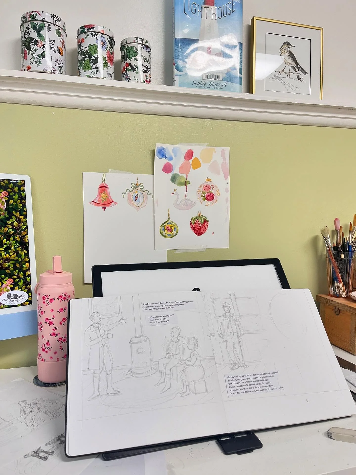 2 of 4 walls painted in my studio and 2 very different projects on the go. Plus I got my hair cut today and there&rsquo;s an actual cool breeze happening. Couldn&rsquo;t ask for anything more 👌
.
.
.
#artiststudio #illustratorlife #studiovibes #book