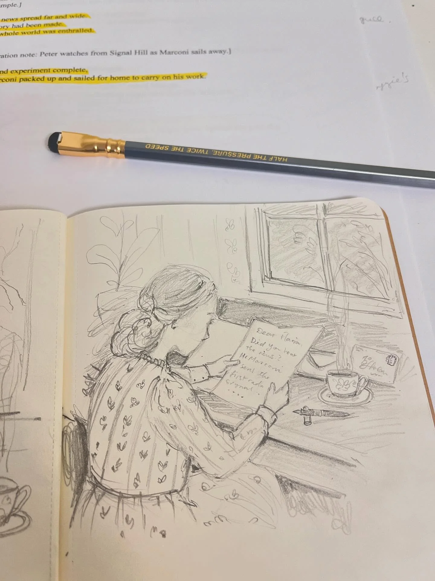 The silver lining of having sick kids at home is that you can get them to pose for you when you need a certain tricky perspective to illustrate a moment in a story. If you happen upon a book illustrator striking a ridiculous pose in their studio, it&