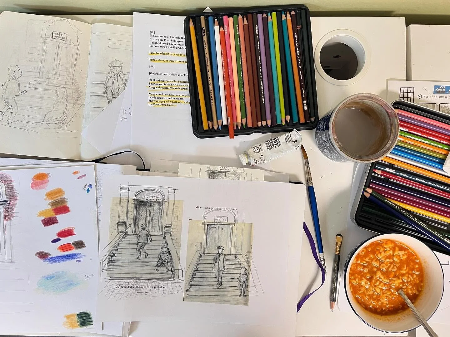 Studio with alphabet soup (homemade). 
.
.
#picturebookmaking #picturebookmaker #artstudio #illustrator #desktopsetup #explorationstage