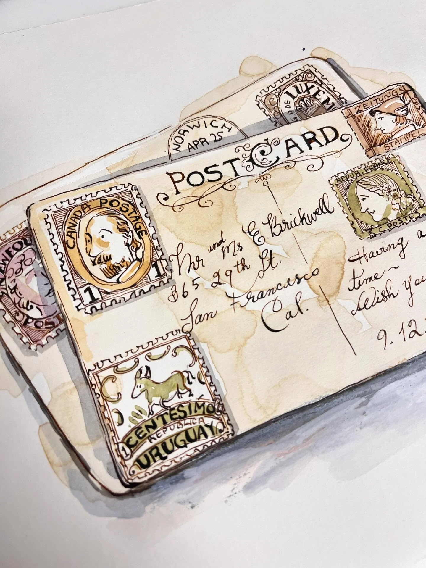 2nd tea dyeing go is a charm. I removed the airmail blue and red stripes (see last post) because a) airmail stripes on a postcard doesn&rsquo;t exist and b) airmail wasn&rsquo;t invented until 1903 which is two years after the time period I&rsquo;m i