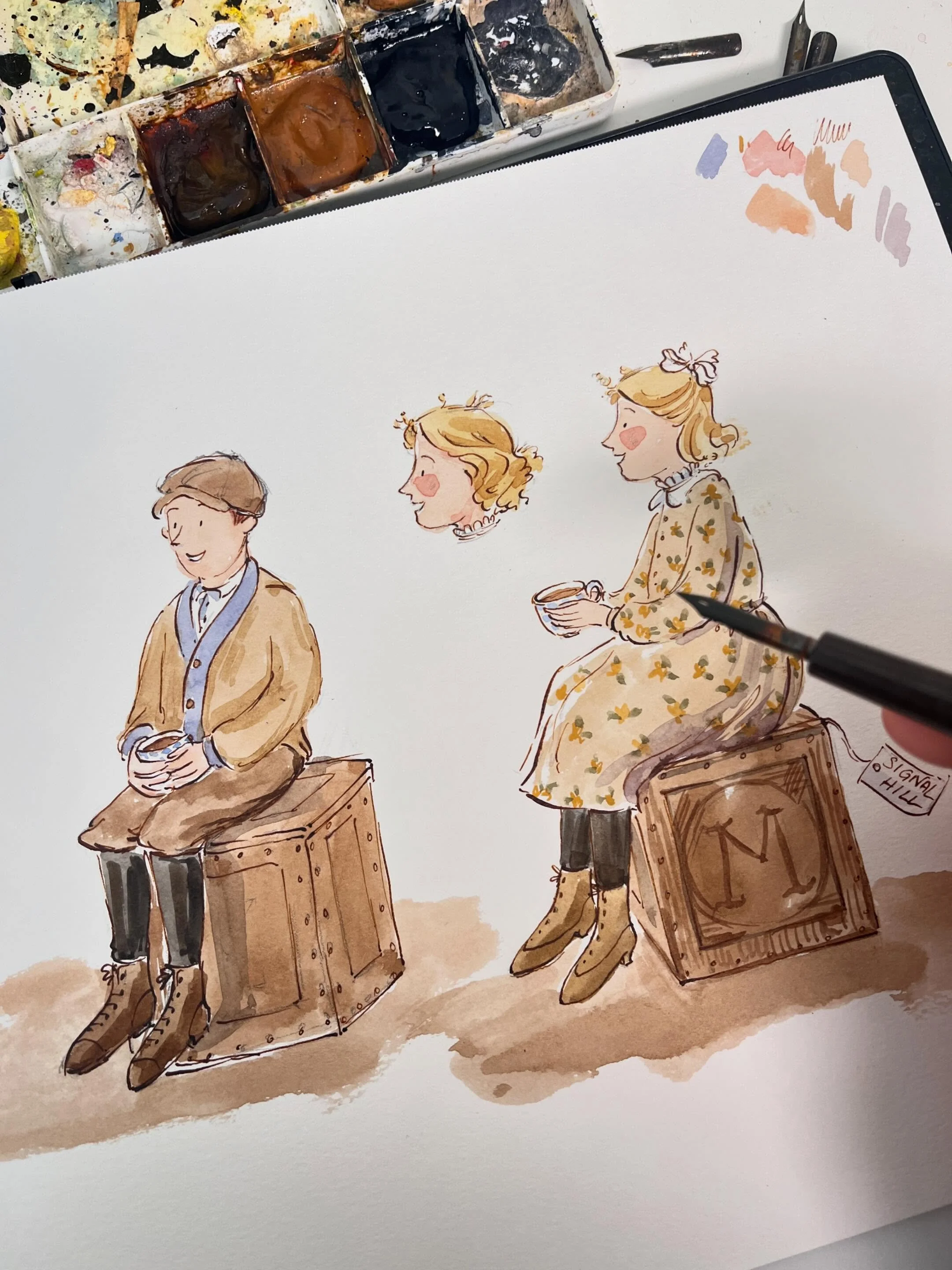 The wonderful thing about making books these days is that when you realize you&rsquo;ve been inconsistent, you can just draw another head and paste it with the body in photoshop. Maggie has just come in from a very windy and cold hill in the previous