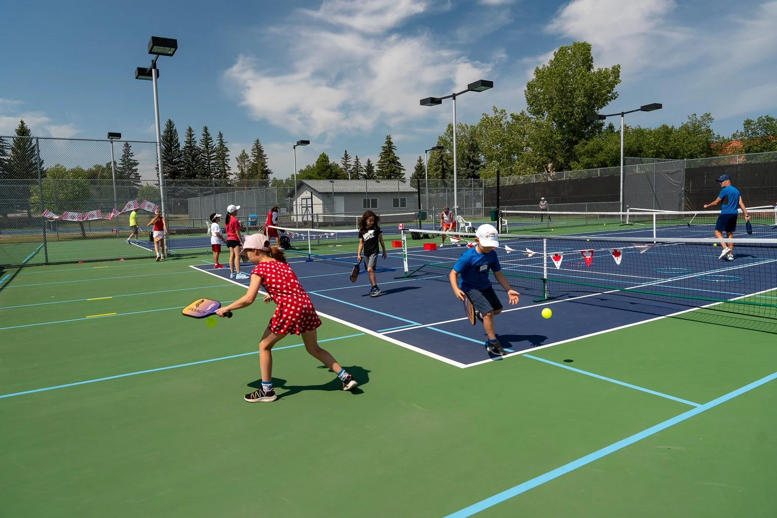 Children and adults playing pickleball on multiple outdoor courts on a sunny day with blue sky and trees in the background.