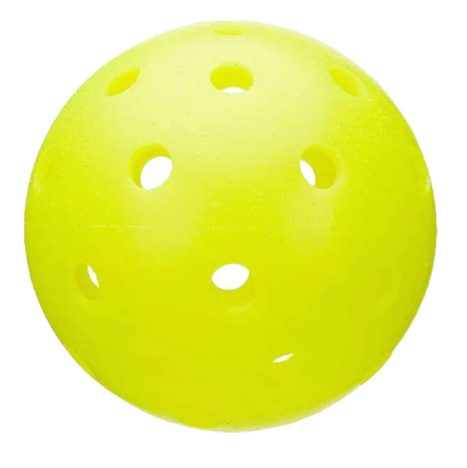 Yellow plastic ball with multiple holes.