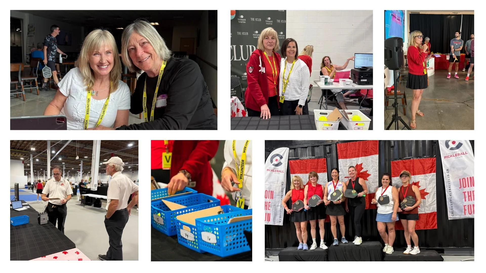 Compilation of six photos from a community event, featuring volunteers and participants in activities like table setup, awards presentation, and social interactions at indoor locations, with banners and flags.