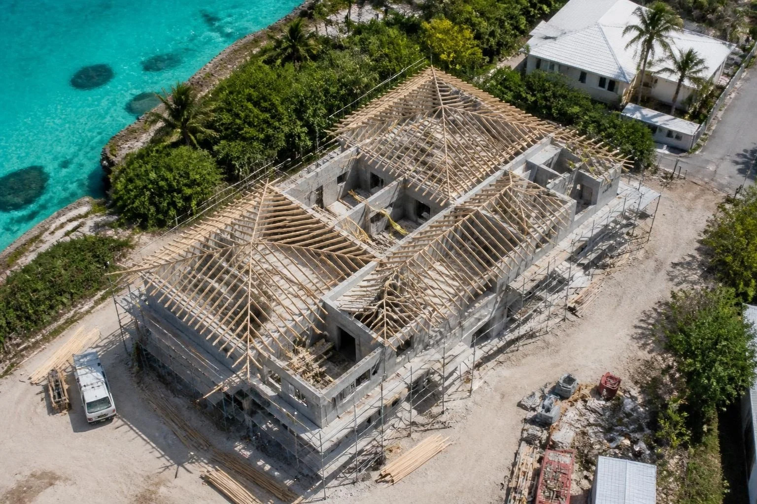 Drone view of a home under construction in the Cayman Islands