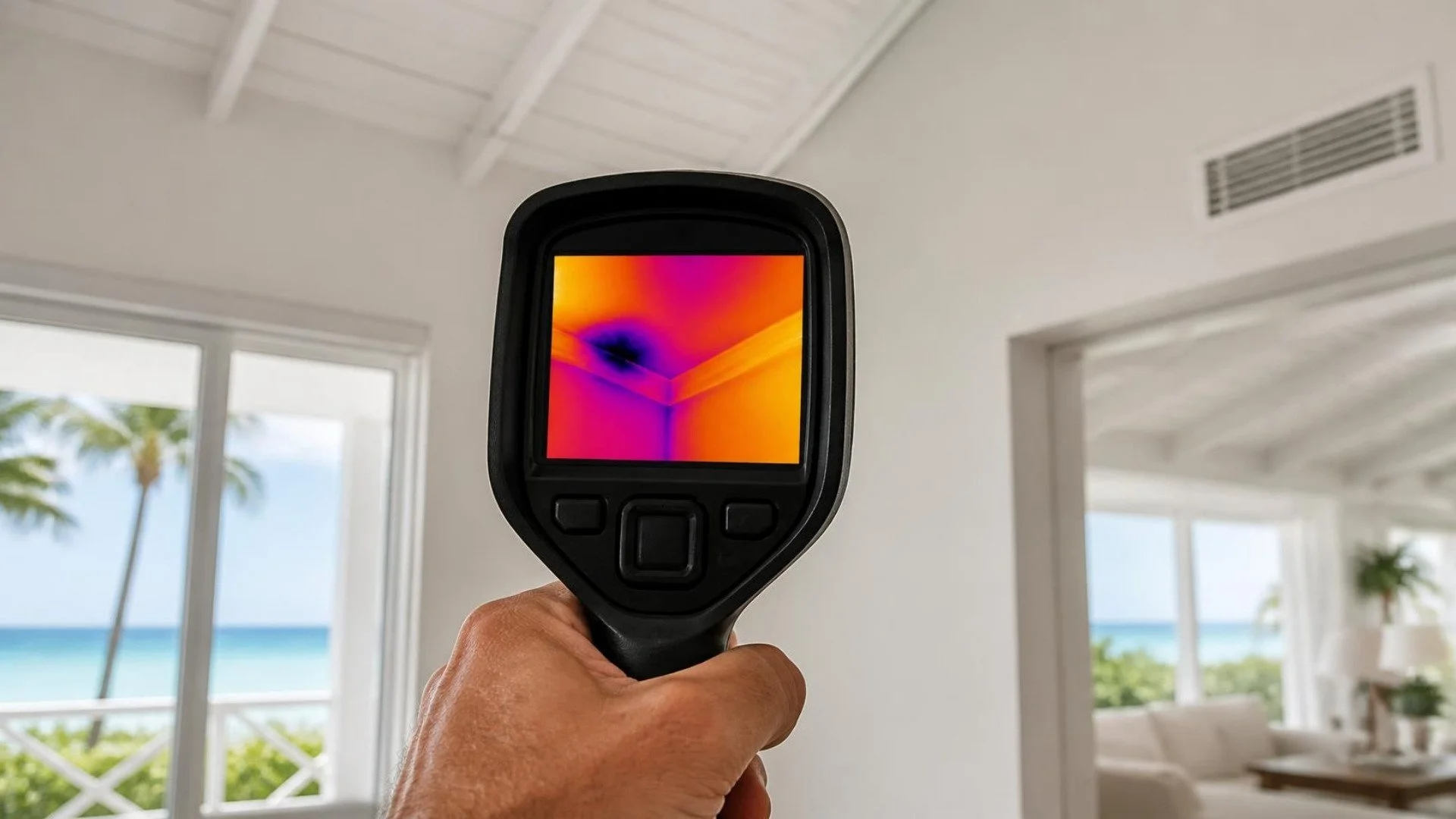 Thermal imaging camera showing hidden moisture in a ceiling during a home inspection in the Cayman Islands