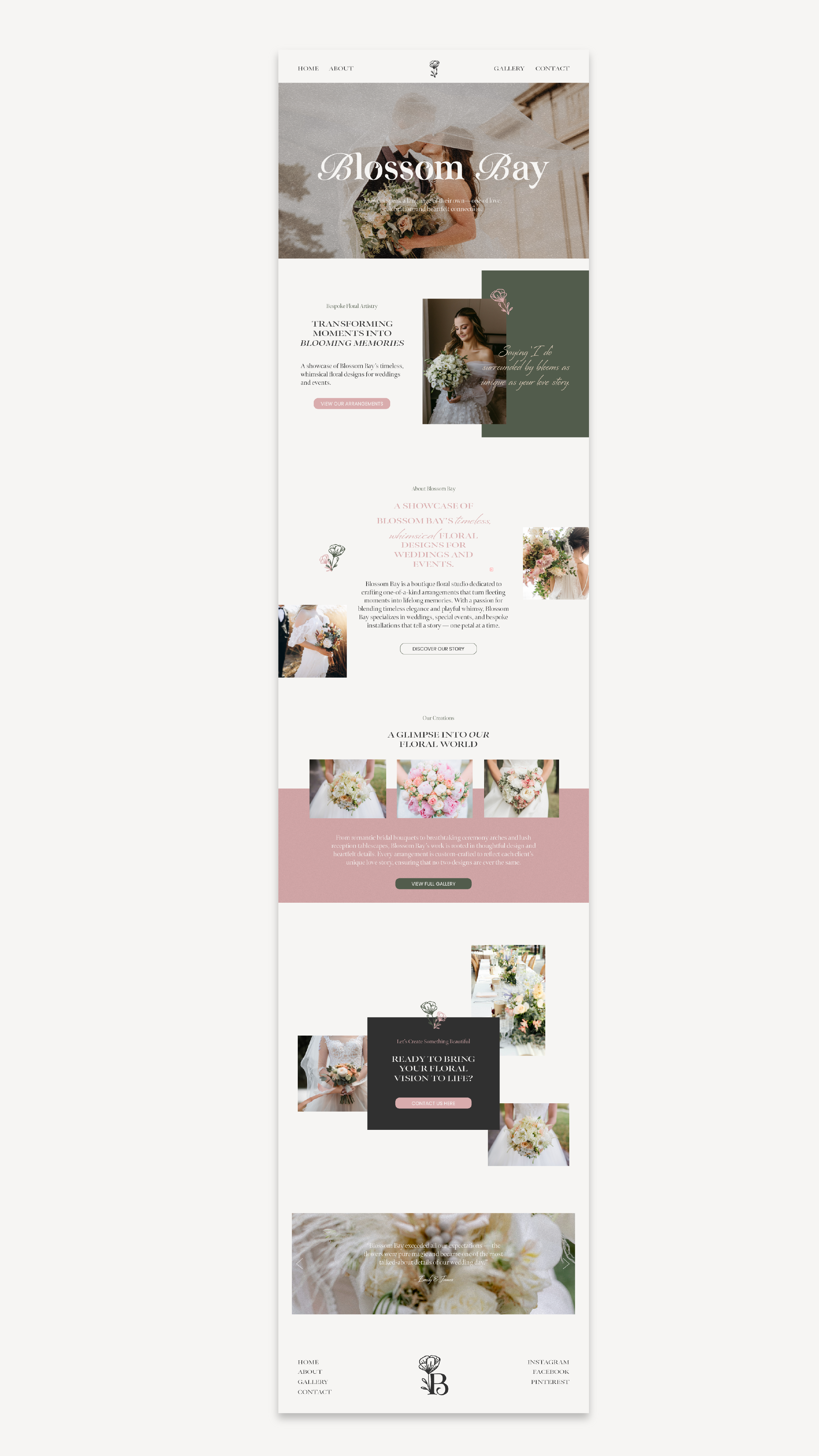 A webpage design for Blossom Bay, a floral and wedding decor company. The page features images of women holding bouquets, text about floral arrangements for weddings, and sections showcasing their floral work and contact information.