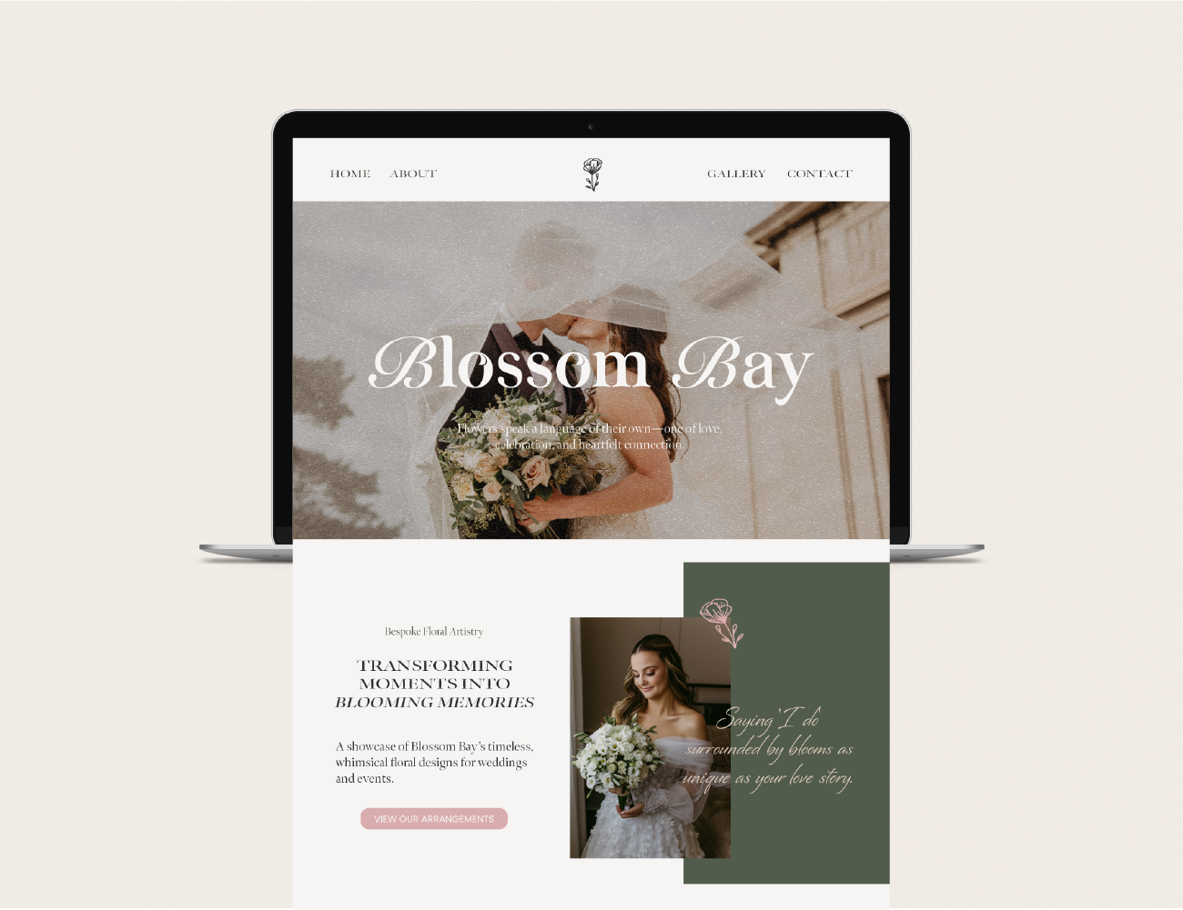 Website homepage for Blossom Bay floral artistry featuring a romantic wedding scene with a bride and groom, and a bride holding a bouquet.