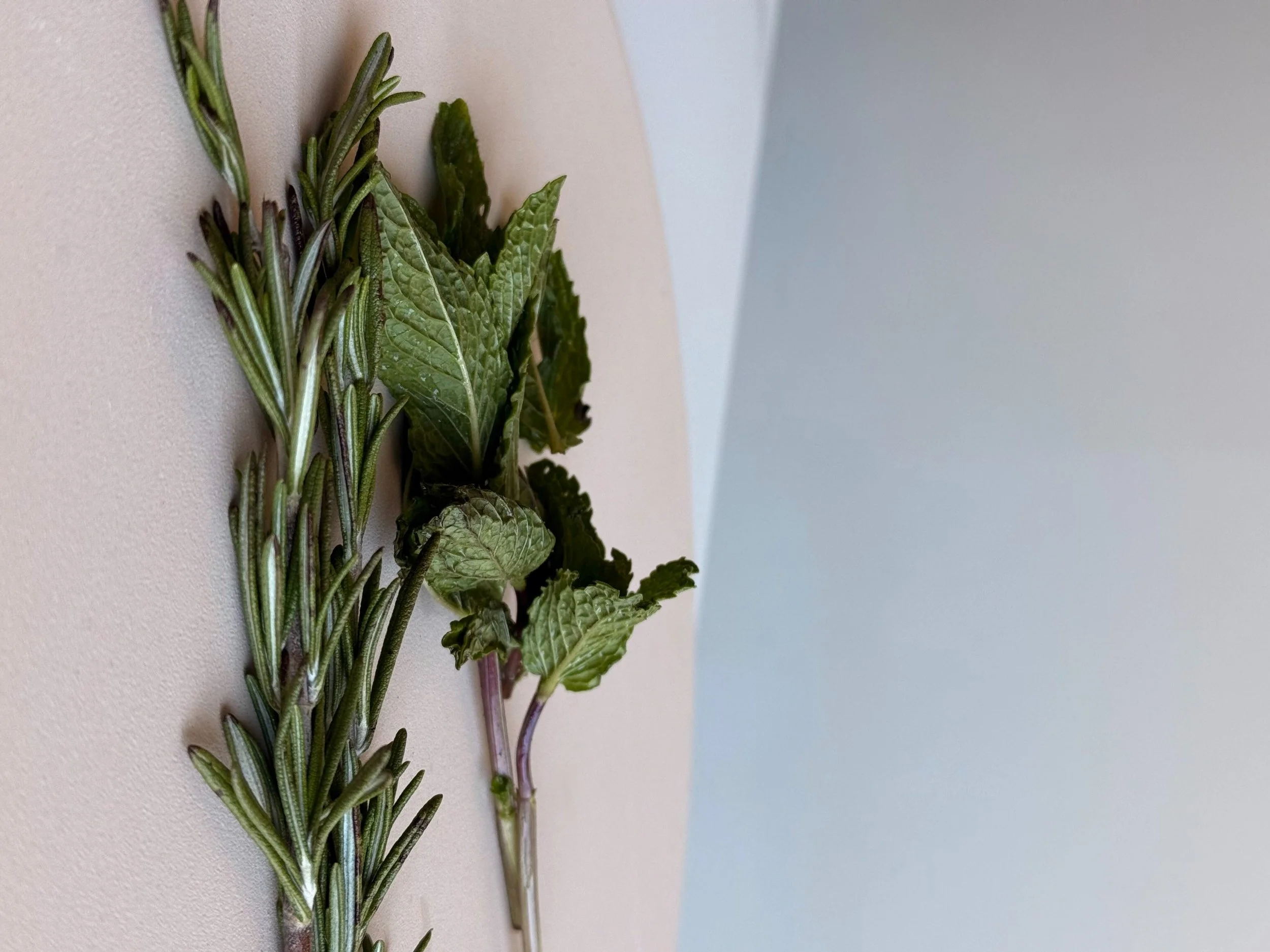 Fresh sprigs of rosemary and mint displayed on a neutral surface, representing natural herbal wellness and plant-based healing. Commonly used in traditional remedies for digestion, clarity, and respiratory support.