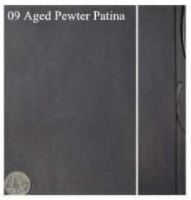 Close-up of a black cover labeled '09 Aged Pewter Patina' with a silver embossed seal in the bottom left corner.