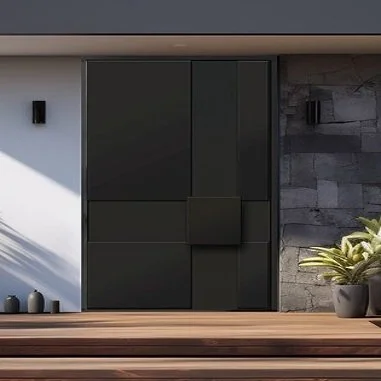 Modern front door with black panels, flanked by a white wall with black trim and a gray stone wall, with a wooden porch and potted plant.