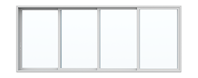 Four-panel sliding glass window with a white frame.