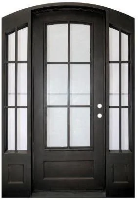 Black door with glass panels and sidelights.