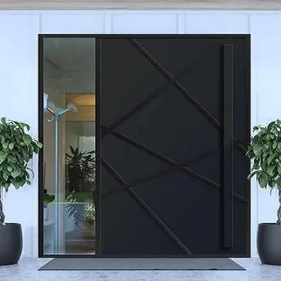 A modern black front door with diagonal lines, flanked by large potted plants inside a bright entryway.