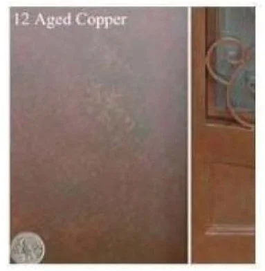 A book titled '12 Aged Copper' with a brown wall and a wooden door in the background.