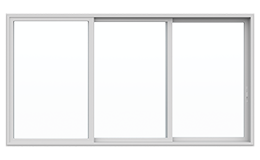 Three-panel white picture window with a central sliding door, closed, showing a view of an outdoor area.