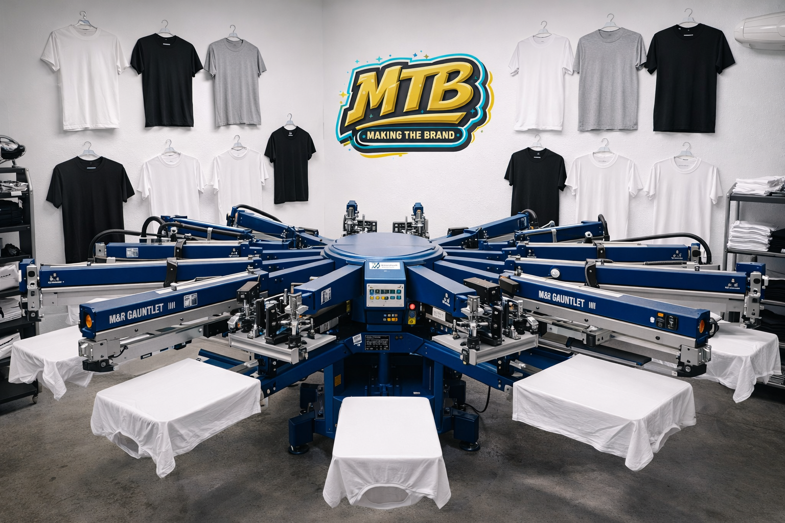 A garment printing or pressing machine in a clothing store or production facility, surrounded by shirts hanging on the wall and stacks of clothes on shelves, with a colorful sign that says 'MTB Making the Brand' on the wall.