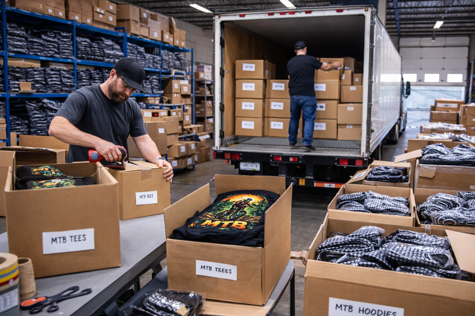 Two workers packing MTB-themed t-shirts and hoodies into cardboard boxes in a logistics warehouse, with a truck in the background.