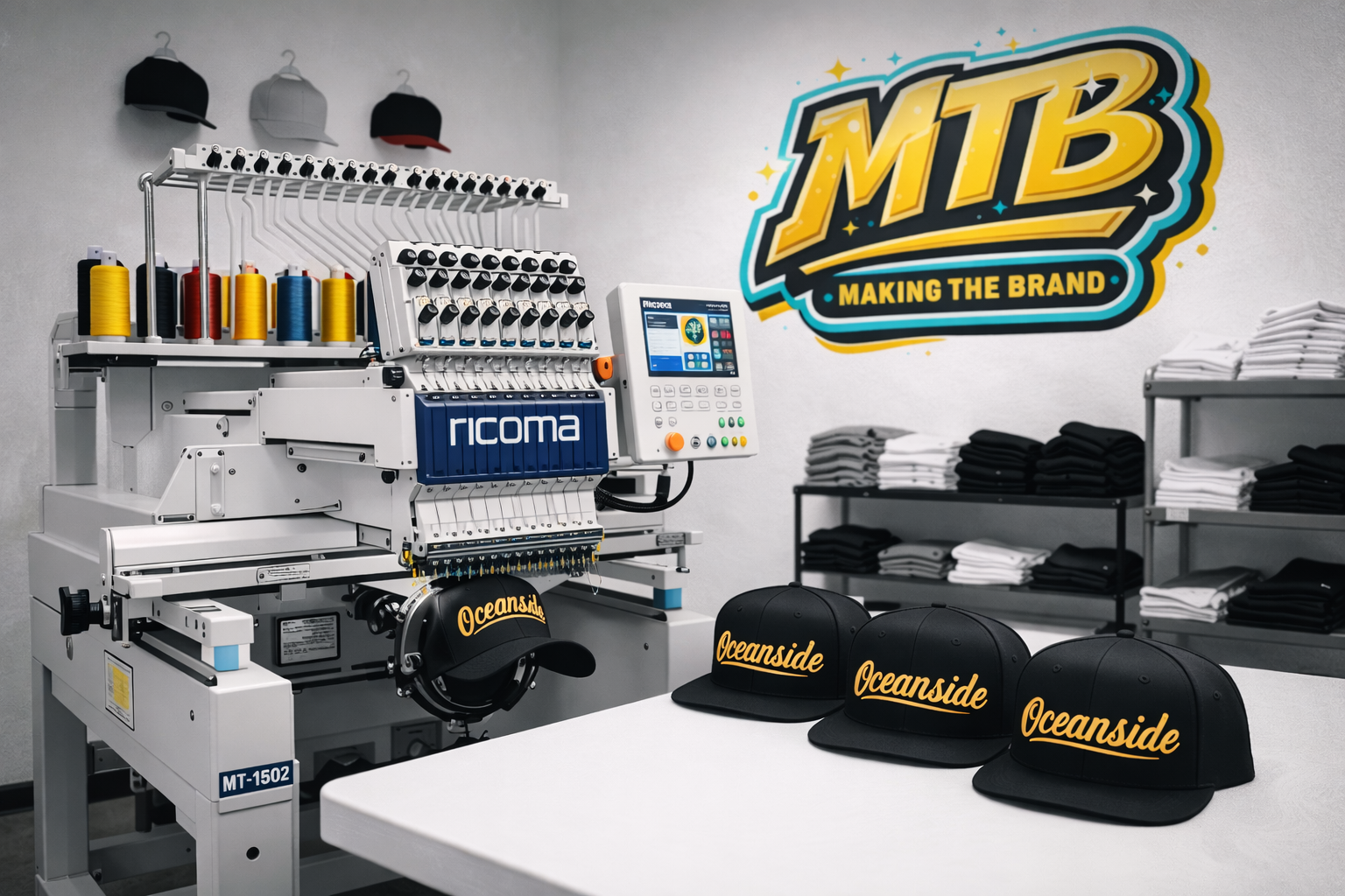 A textile embroidery machine branded Ricoma in a room with shelves containing folded black and white shirts, along with four black caps with yellow 'Oceanside' embroidery. The wall has a colorful logo that reads 'MTB Making the Brand'.