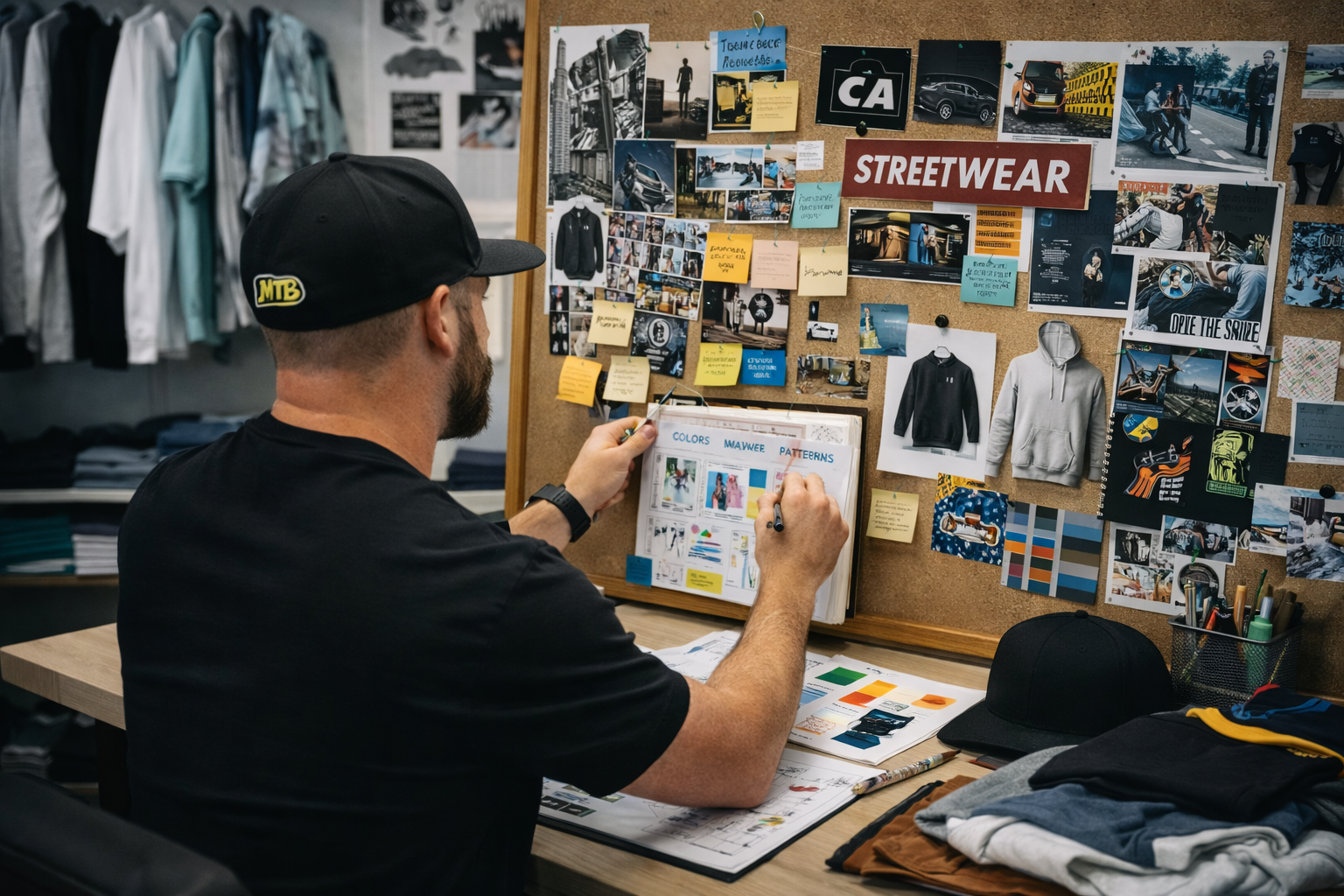 A man working at a desk, looking at a corkboard filled with photos, notes, and sketches related to streetwear fashion and automotive themes. The workspace includes folded clothes, hats, and design materials.