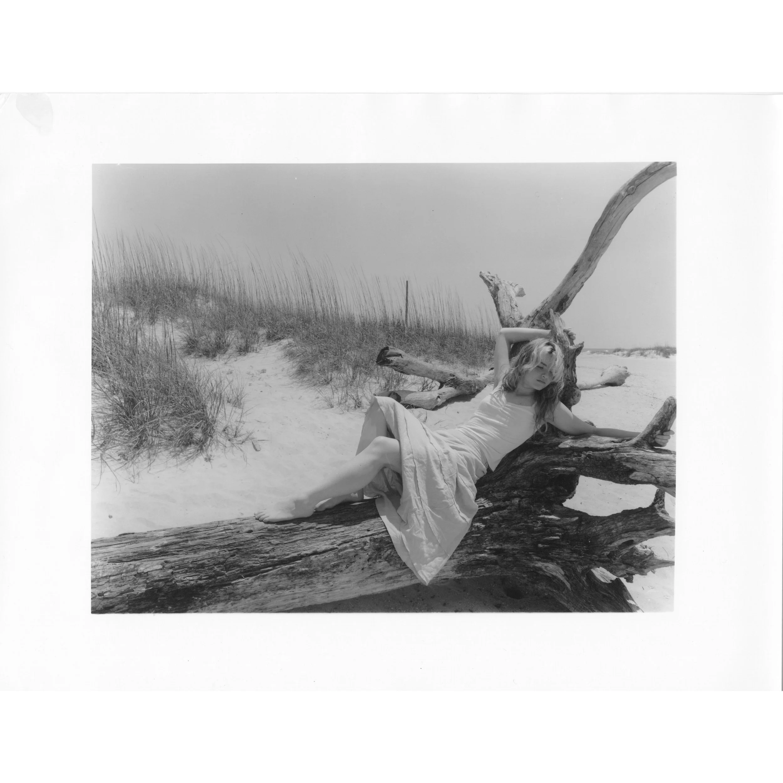 A woman lying on a large piece of driftwood on a sandy beach with grass and a clear sky in the background.