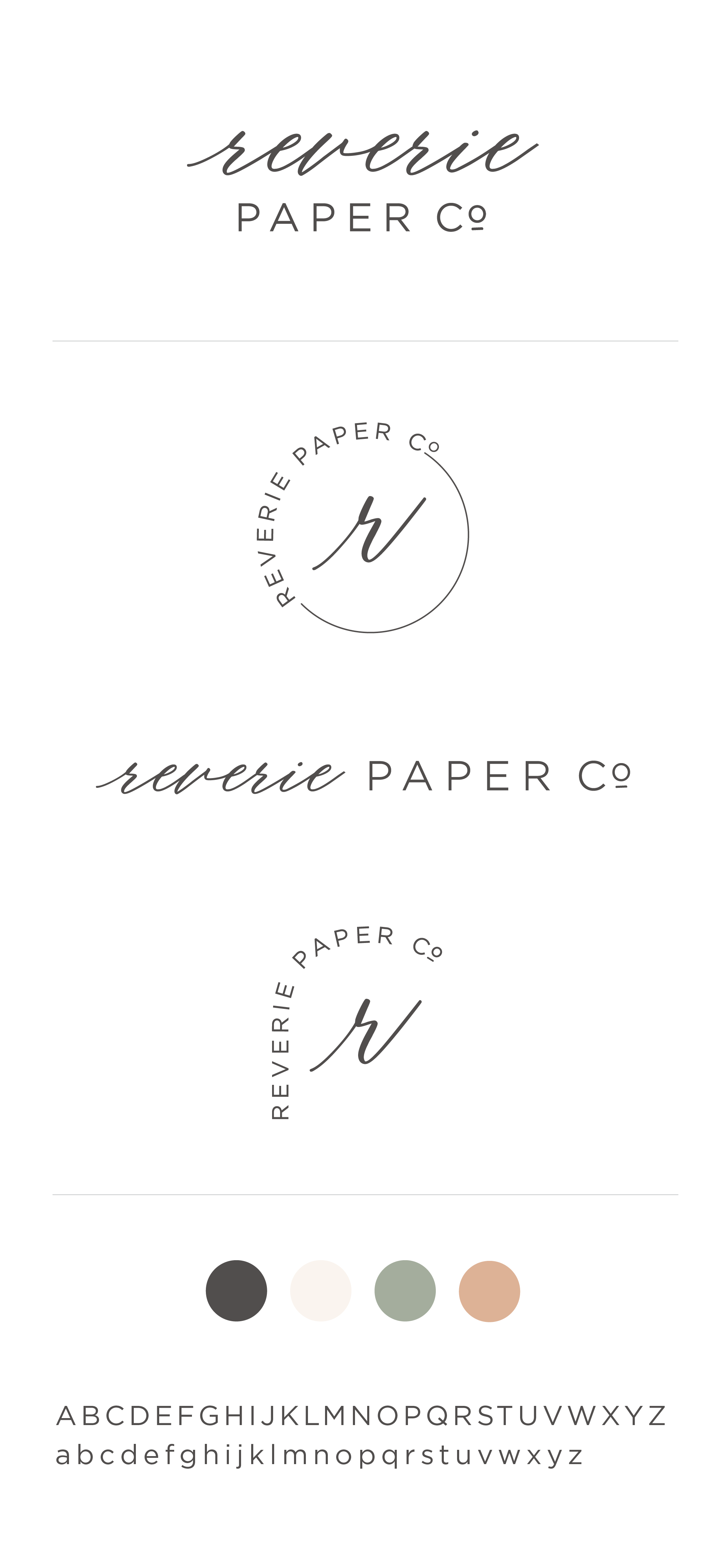 Brand logo for Reverie Paper Co featuring a minimalist design with cursive and sans-serif fonts, circular emblem with stylized 'r', and a color palette including dark gray, white, light green, and beige.