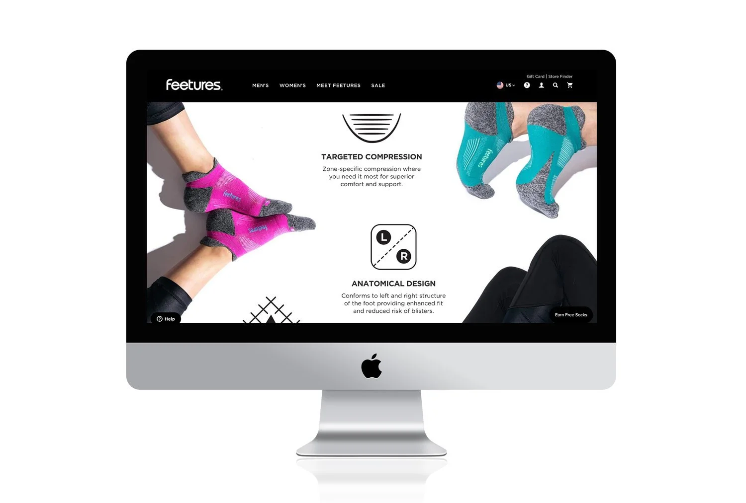 Online shopping website on an iMac screen displaying colorful ankle socks with text about targeted compression and anatomical design.