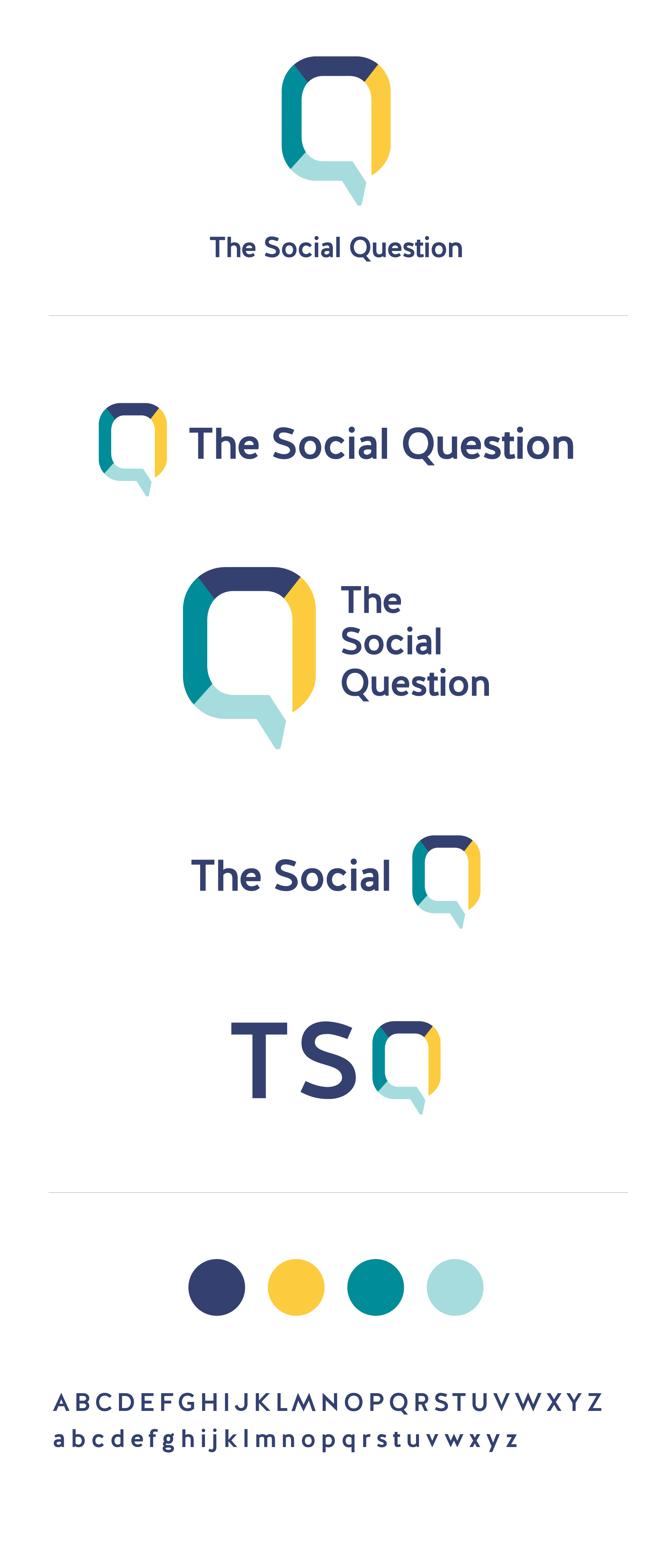 Multiple designs of a logo featuring a stylized speech bubble with the text 'The Social Question' in different fonts and sizes. The logo includes a color palette with four circles in navy blue, yellow, teal, and light blue. The full alphabet in uppercase and lowercase letters is displayed at the bottom.