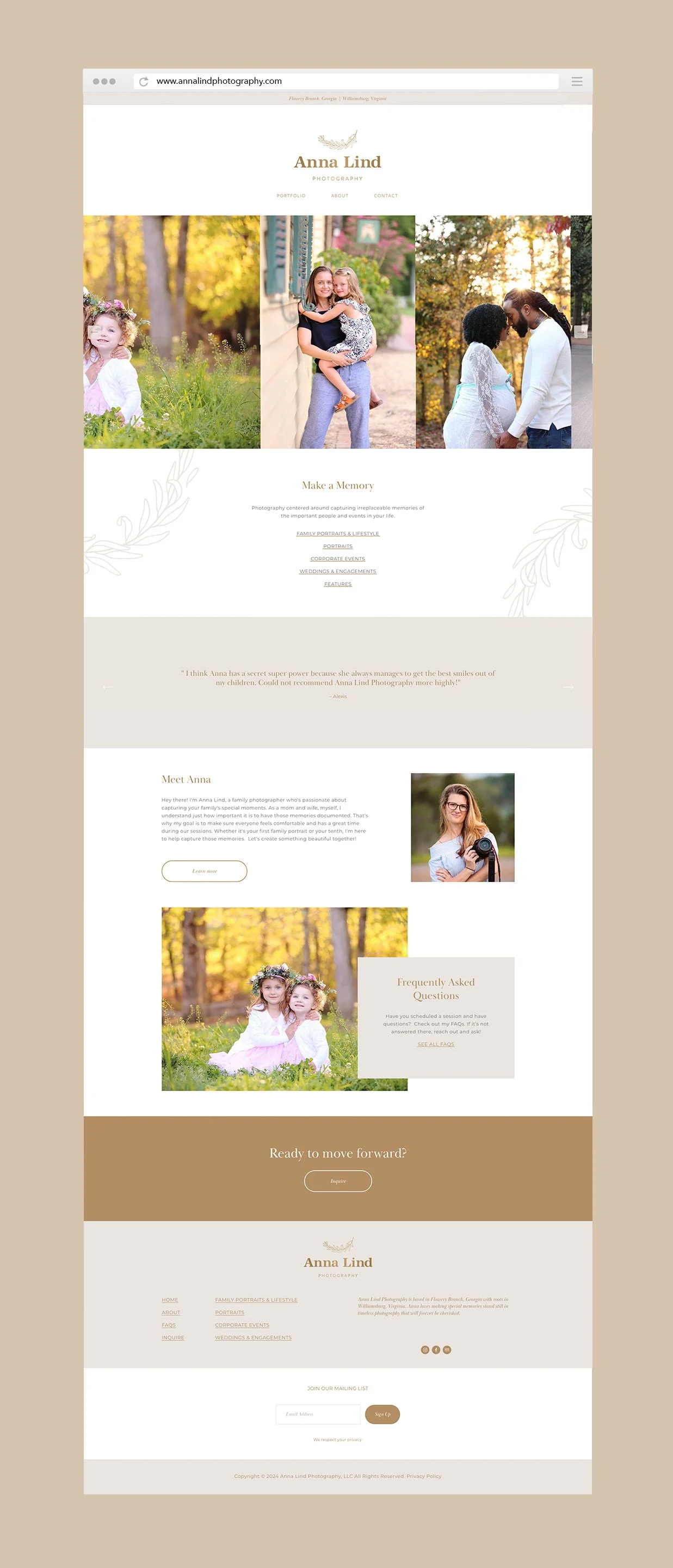 Screenshot of Anna Lind Photography website homepage with photos of children, a woman holding a child, and a couple at sunset, featuring soft beige and white tones.