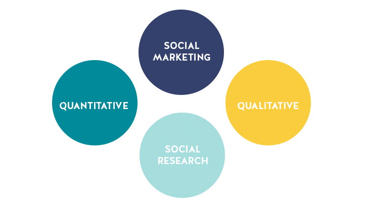 Diagram with four connected circles labeled social marketing, quantitative, social research, and qualitative.