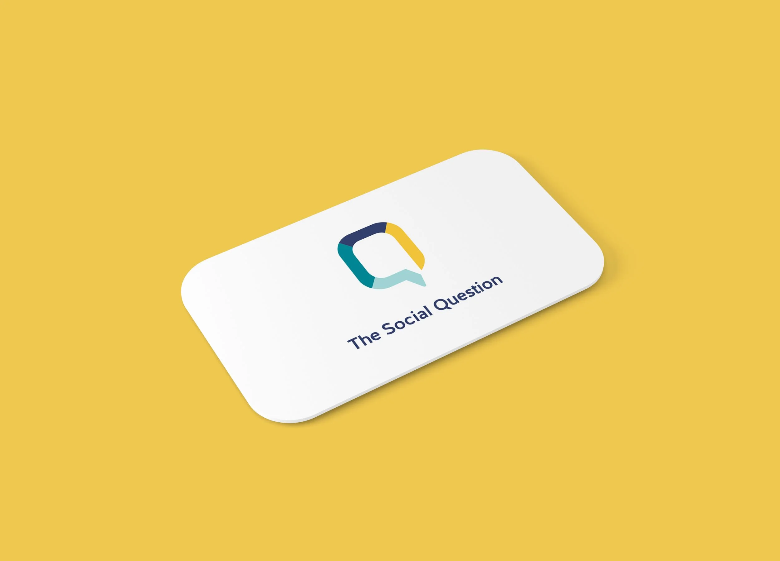 A card with a logo resembling a speech bubble and the text "The Social Question" on a yellow background.