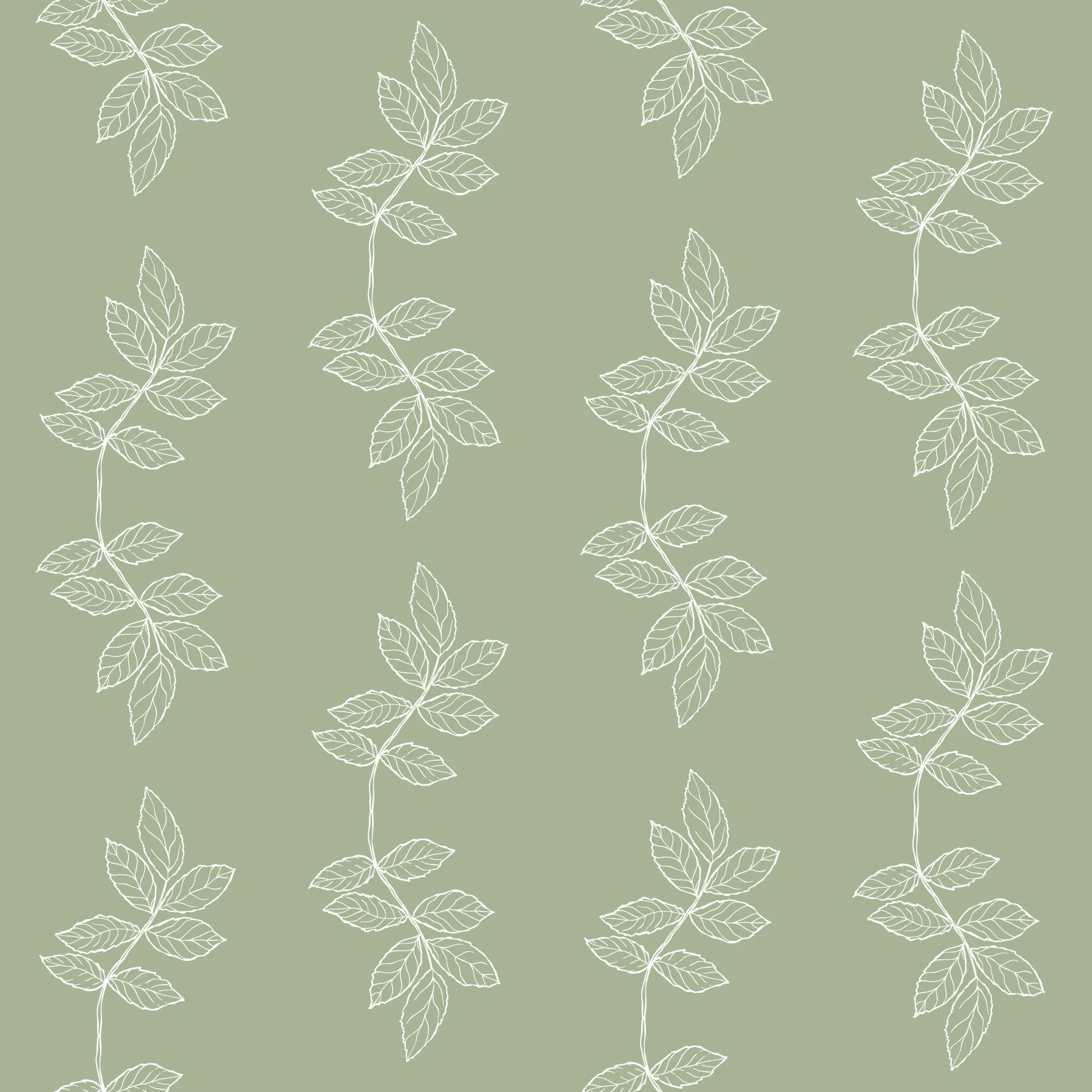 Pattern of white outlined leaves on a light green background.