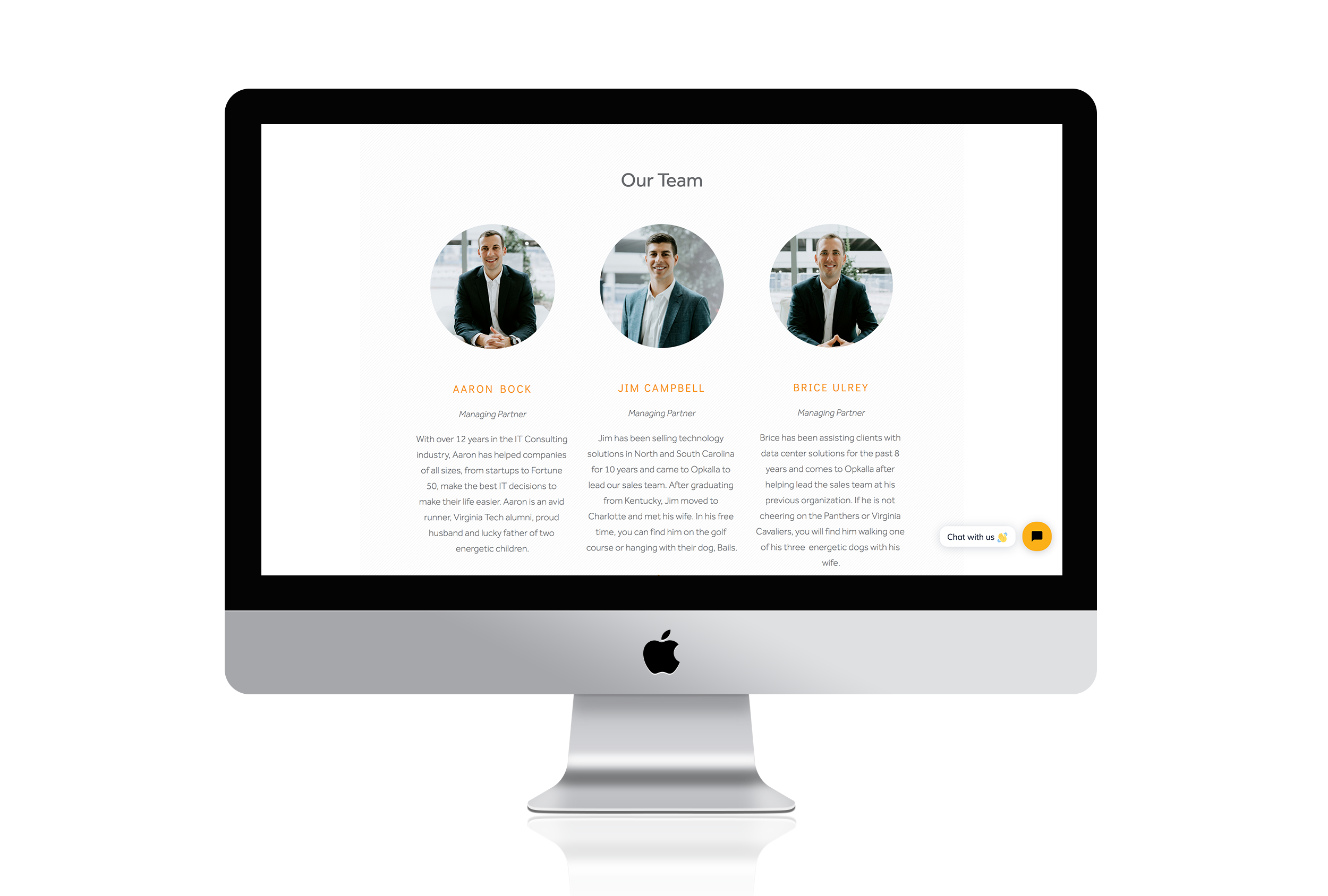 Computer screen displaying a team section with three circular photo portraits of male professionals, their names and short bios underneath, titled 'Our Team'.