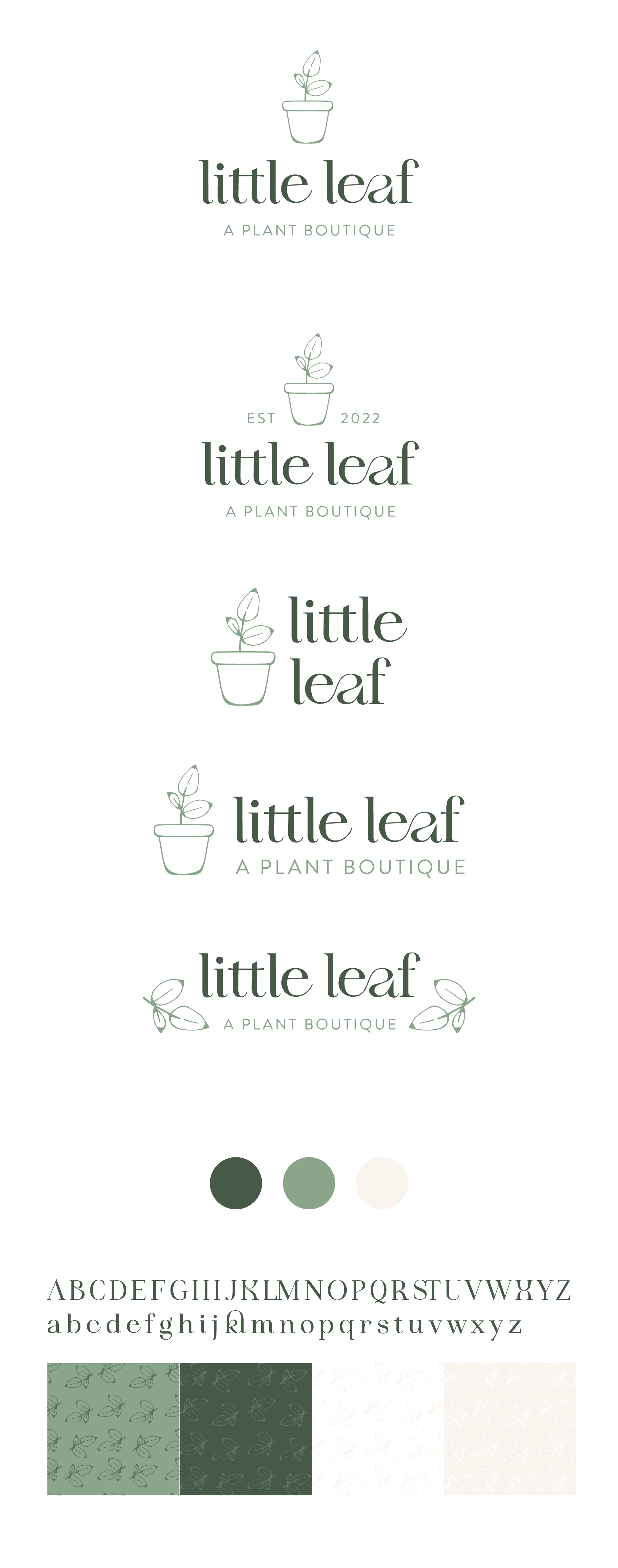 Multiple logo designs for 'little leaf,' a plant boutique, featuring a potted plant illustration and various text styles, with color palette, patterns and font choices.