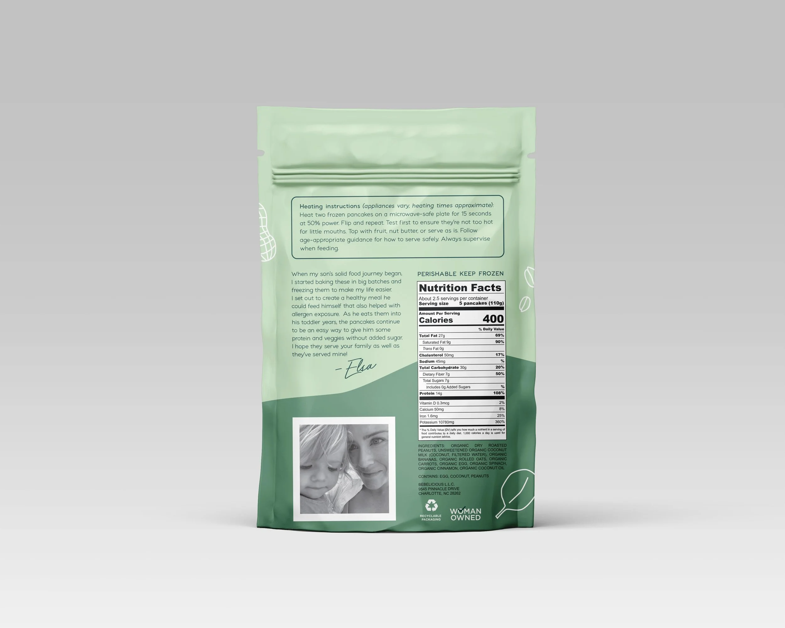 Green resealable bag with nutritional facts, a black and white photo of a woman and child, and cooking instructions for frozen pancakes.
