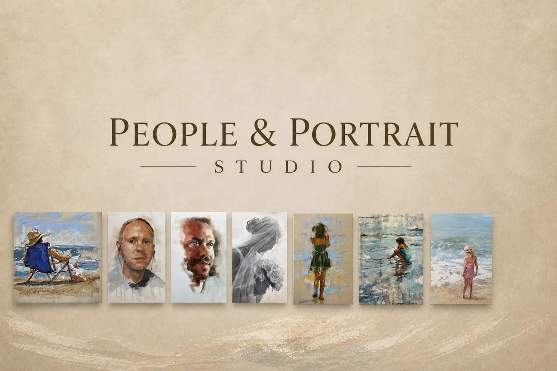 Exhibition poster for 'People & Portrait Studio' featuring several painted portraits of people, including a woman sitting on the beach, a man with short hair, a bearded man, a woman with flowers in her hair, and children at the beach.