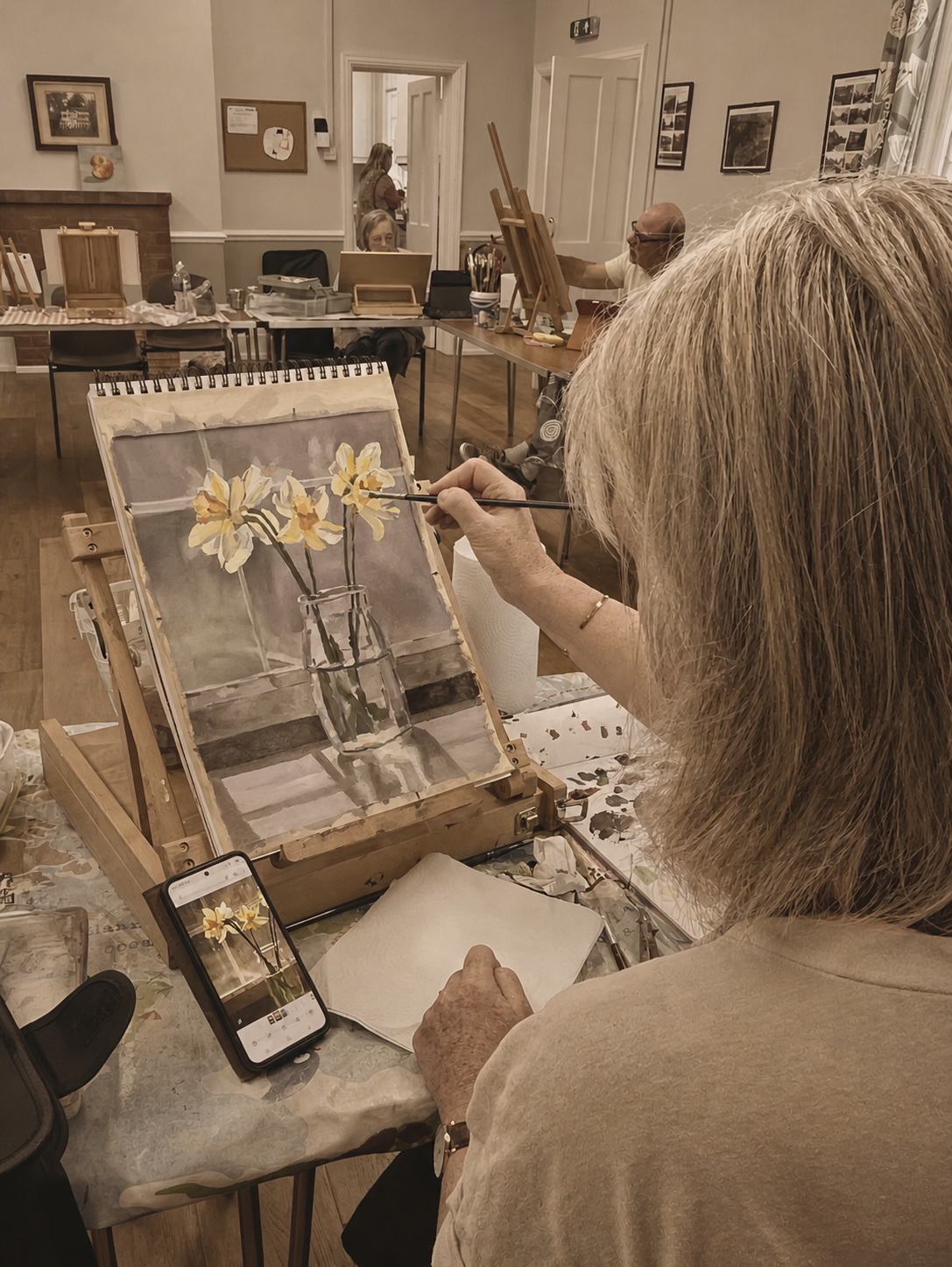Face to face adult art classes with easels and painting materials